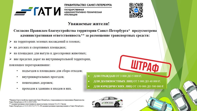 Согласно Правилам благоустройства территории Санкт-Петербурга предусмотрена административная ответственность за размещение транспортных средств:
