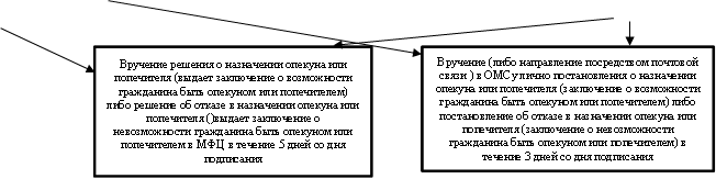 Вручение решения о назначении опекуна или попечителя (выдает заключение о возможности гражданина быть опекуном или попечителем) либо решение об отказе в назначении опекуна или попечителя ()выдает заключение о невозможности гражданина быть опекуном или попечителем в МФЦ в течение 5 дней со дня подписания,Вручение (либо направление посредством почтовой связи ) в ОМСу лично постановления о назначении опекуна или попечителя (заключение о возможности гражданина быть опекуном или попечителем) либо постановление об отказе в назначении опекуна или попечителя (заключение о невозможности гражданина быть опекуном или попечителем) в течение 3 дней со дня подписания